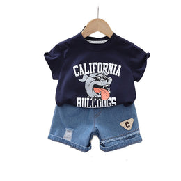 Boys Navy Blue Printed Pure Cotton T-shirt with Shorts