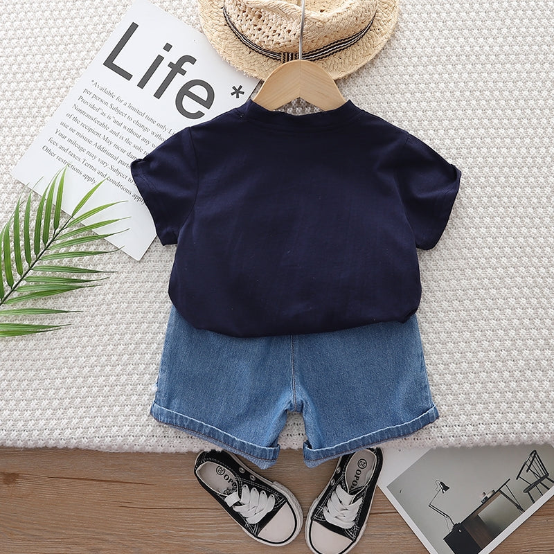 Boys Navy Blue Printed Pure Cotton T-shirt with Shorts