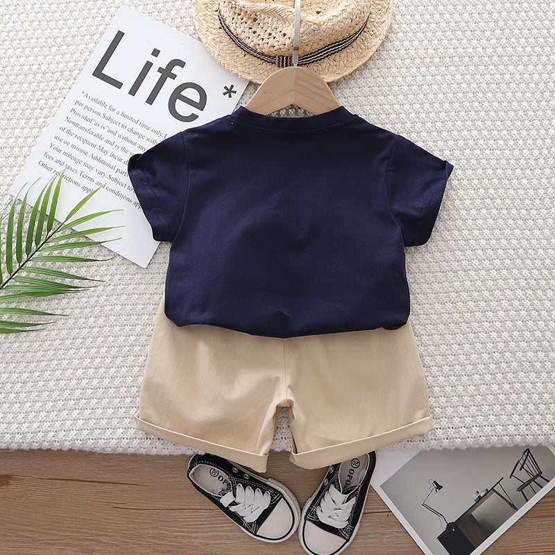 Kids Navy Blue Printed Pure Cotton T-shirt with Shorts