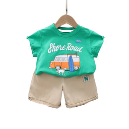 Kids Green Graphic Printed Pure Cotton T-shirt with Shorts