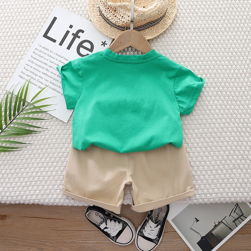 Kids Green Graphic Printed Pure Cotton T-shirt with Shorts