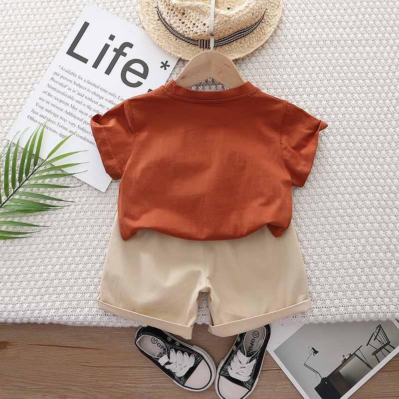 Kids Brown Printed Pure Cotton T-shirt with Shorts