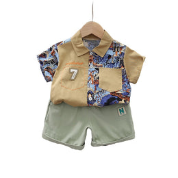 Boys Khaki Graphic Printed Pure Cotton Shirt with Shorts