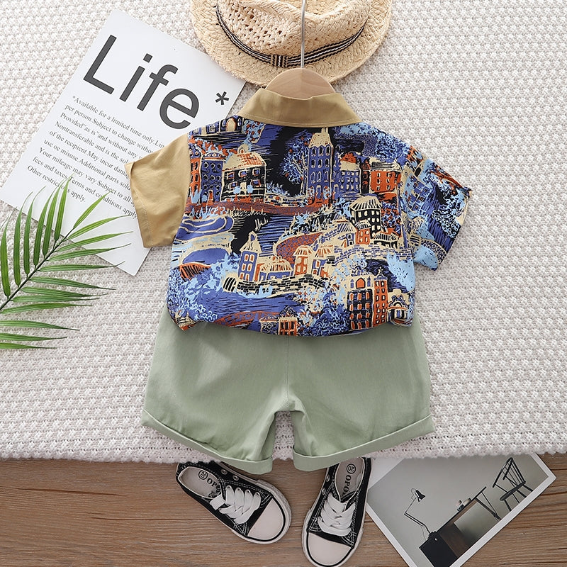Boys Khaki Graphic Printed Pure Cotton Shirt with Shorts