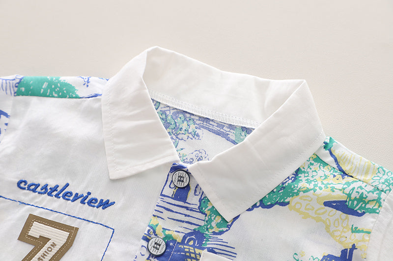 Boys White Graphic Printed Shirt with Shorts