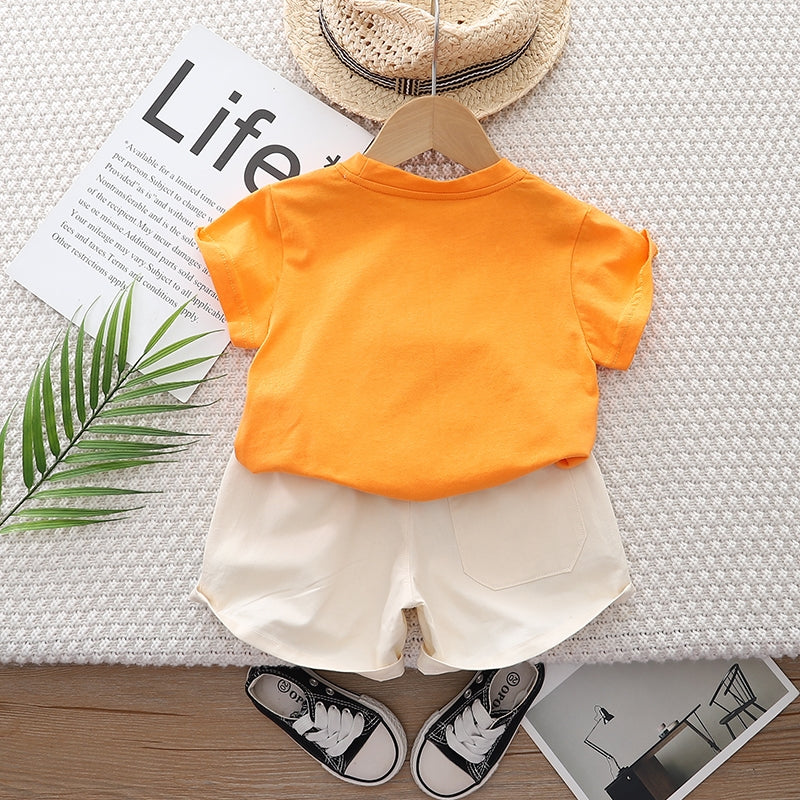 Kids Orange & Beige Printed Pure Cotton T-shirt with Shorts