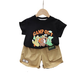 Kids Black & Beige Printed Pure Cotton T-shirt with Shorts