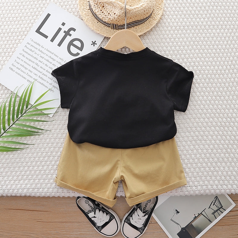 Kids Black & Beige Printed Pure Cotton T-shirt with Shorts