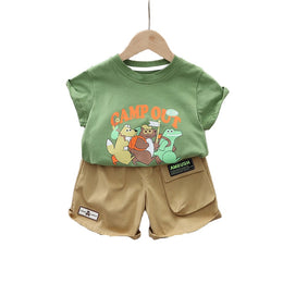 Kids Green & Beige Printed Pure Cotton T-shirt with Shorts