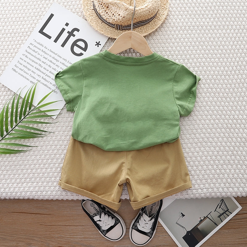 Kids Green & Beige Printed Pure Cotton T-shirt with Shorts