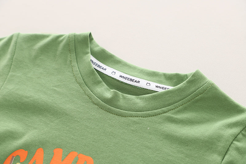Kids Green & Beige Printed Pure Cotton T-shirt with Shorts