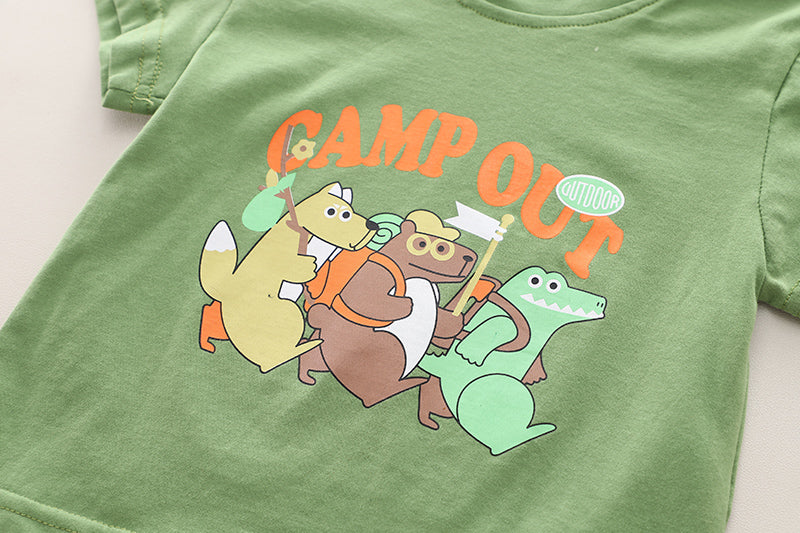 Kids Green & Beige Printed Pure Cotton T-shirt with Shorts