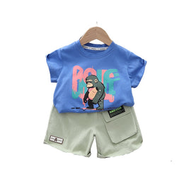 Kids Grey & Blue Printed Pure Cotton T-shirt with Shorts