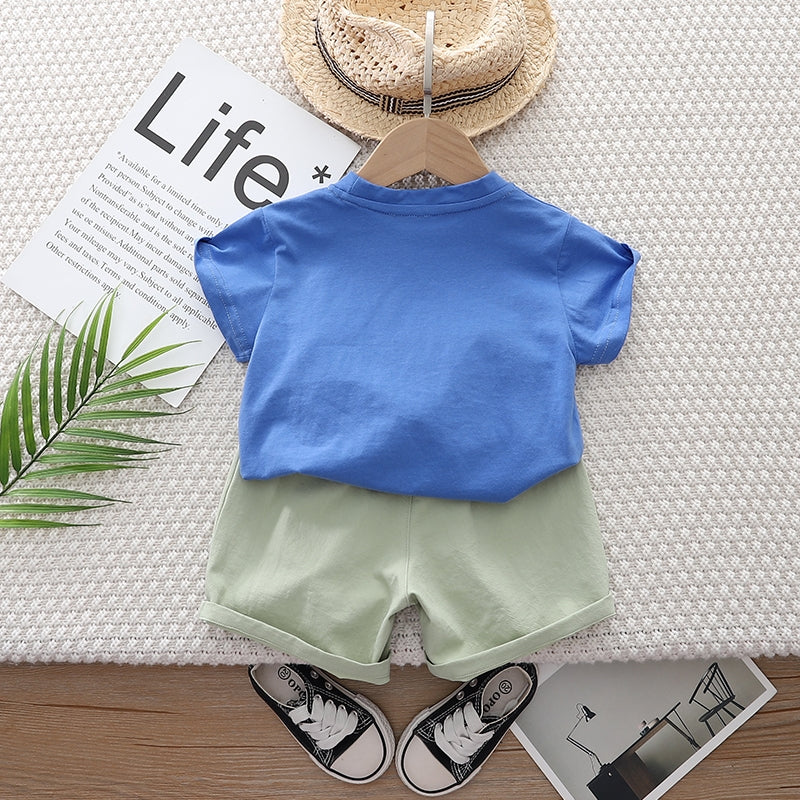 Kids Grey & Blue Printed Pure Cotton T-shirt with Shorts
