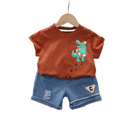 Kids Brown & Blue Printed Pure Cotton T-shirt with Shorts