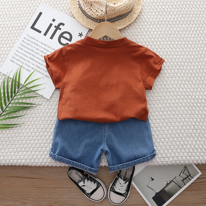 Kids Brown & Blue Printed Pure Cotton T-shirt with Shorts