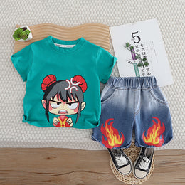 Boys Printed Pure Cotton T-shirt with Shorts Clothing Set