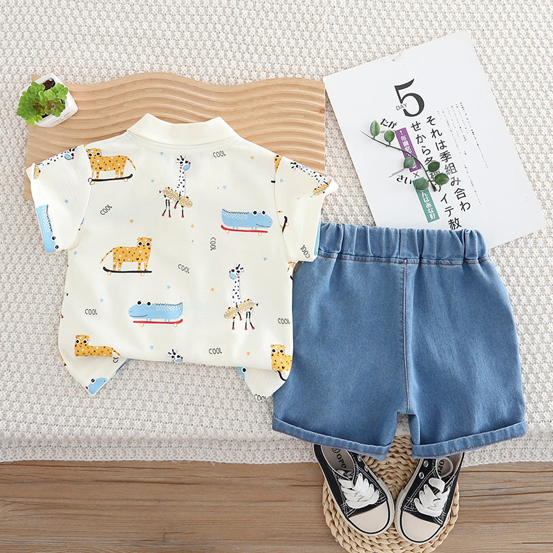 Boys Printed Polo Collar T-shirt with Shorts