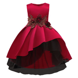 Girls Red & Black Applique Gathered Balloon Dress