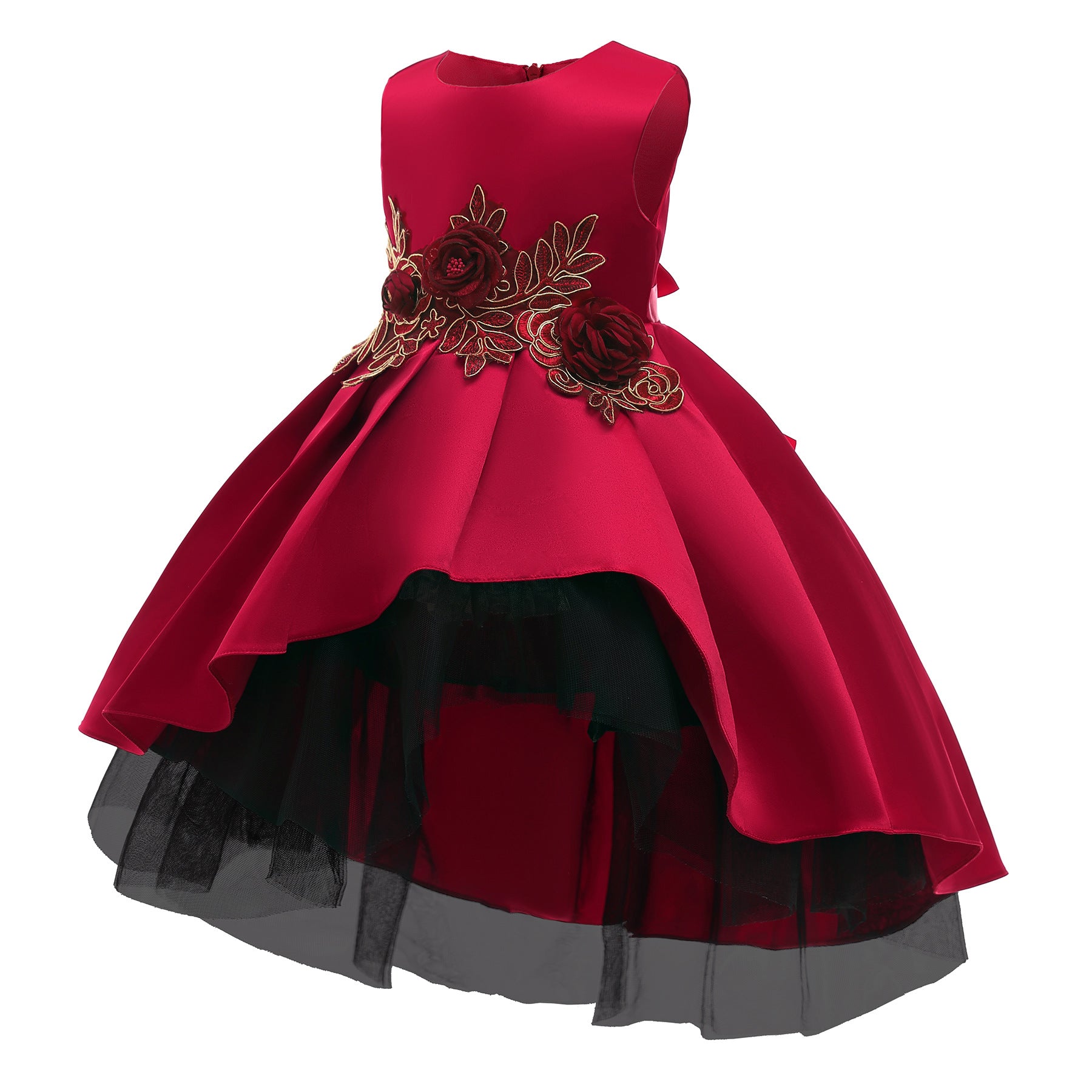 Girls Red & Black Applique Gathered Balloon Dress