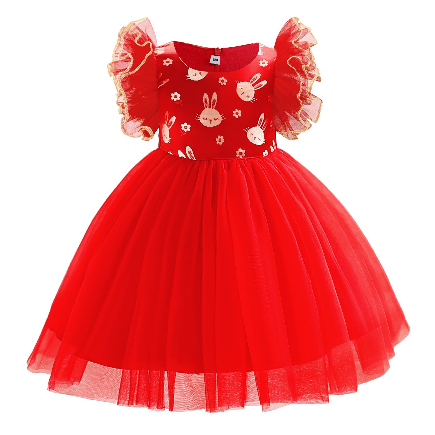 Red Graphic Printed Round Neck Flutter Sleeve Ruffled Fit & Flare Dress