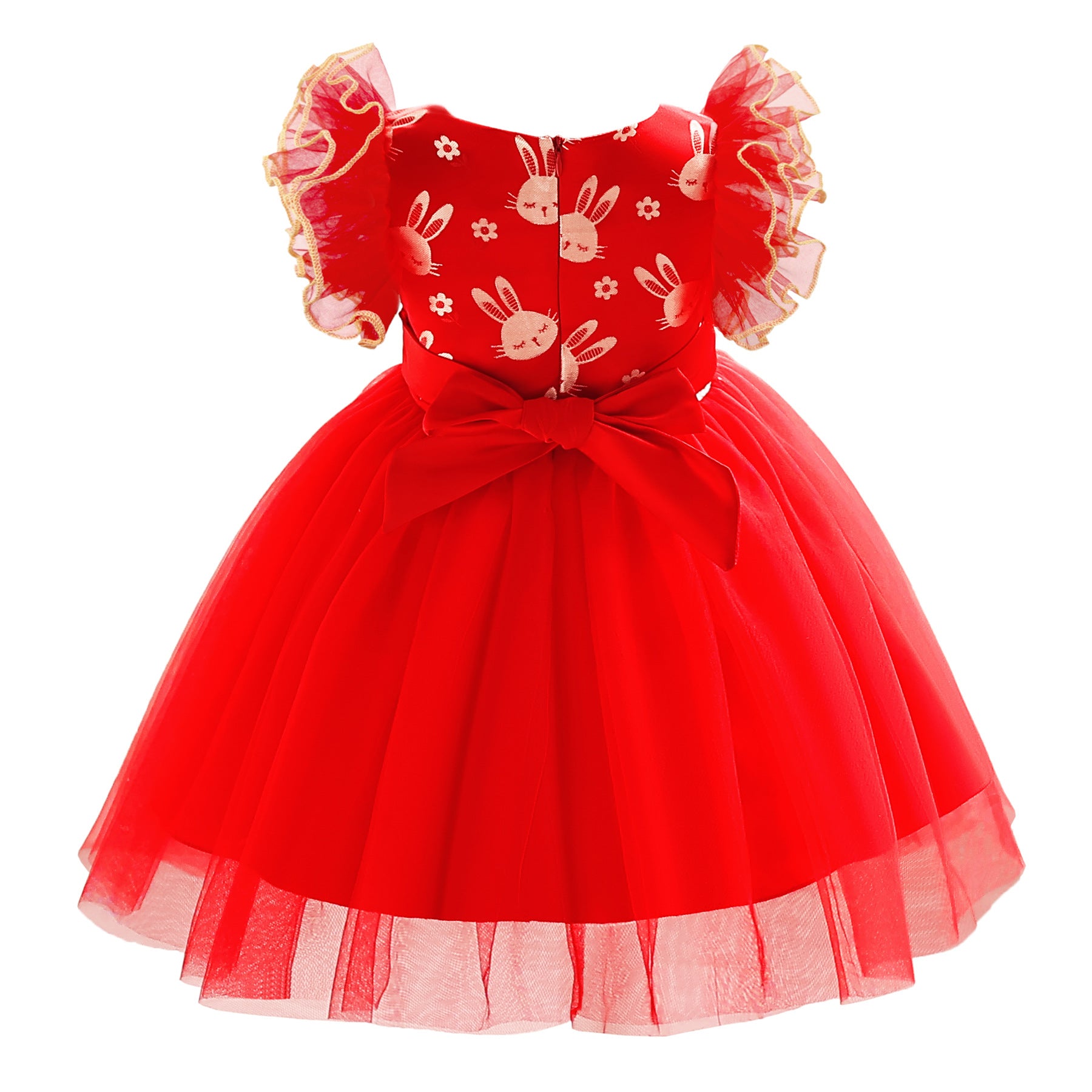 Red Graphic Printed Round Neck Flutter Sleeve Ruffled Fit & Flare Dress