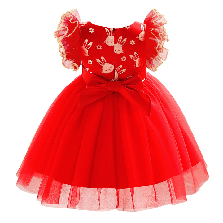 Red Graphic Printed Round Neck Flutter Sleeve Ruffled Fit & Flare Dress