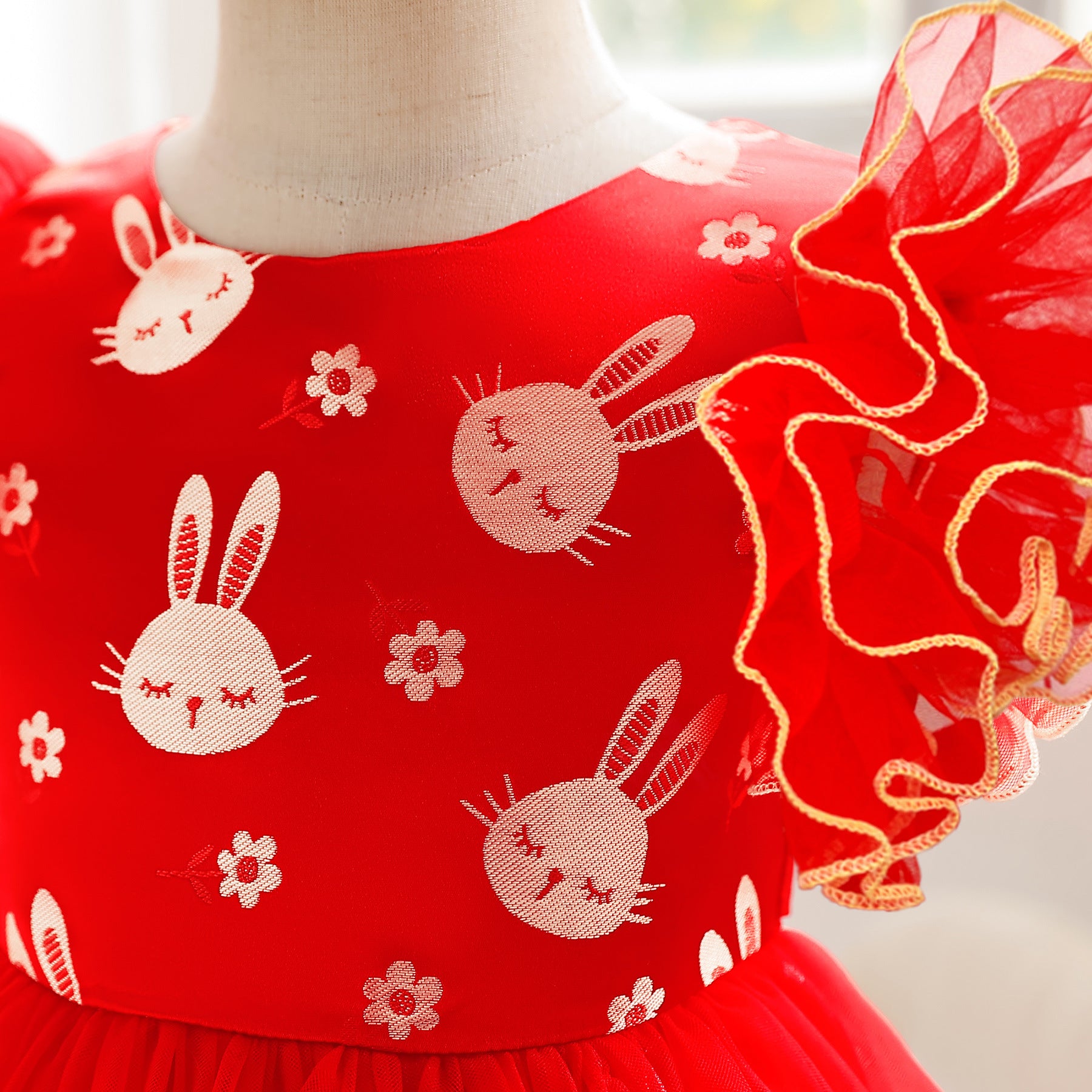 Red Graphic Printed Round Neck Flutter Sleeve Ruffled Fit & Flare Dress