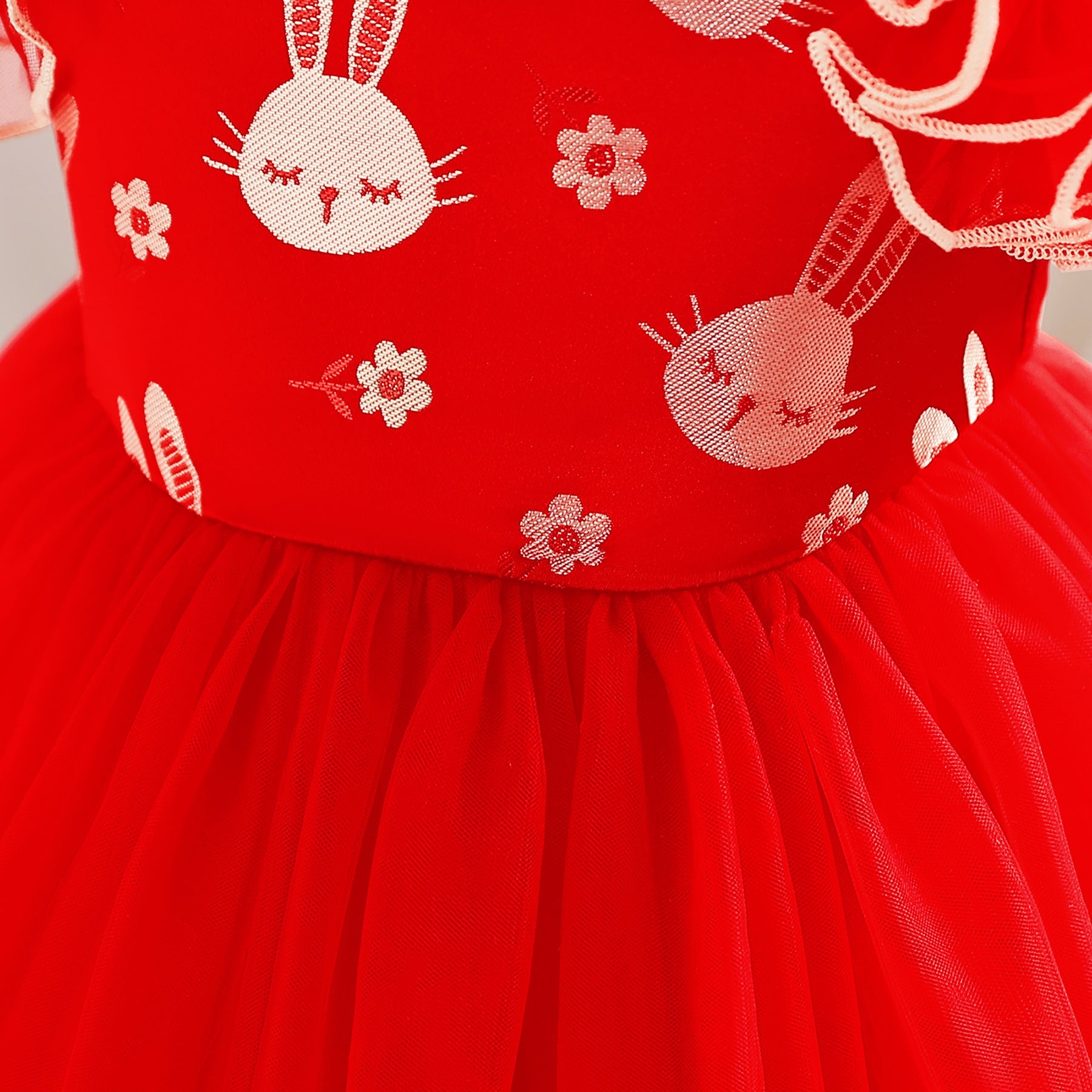 Red Graphic Printed Round Neck Flutter Sleeve Ruffled Fit & Flare Dress