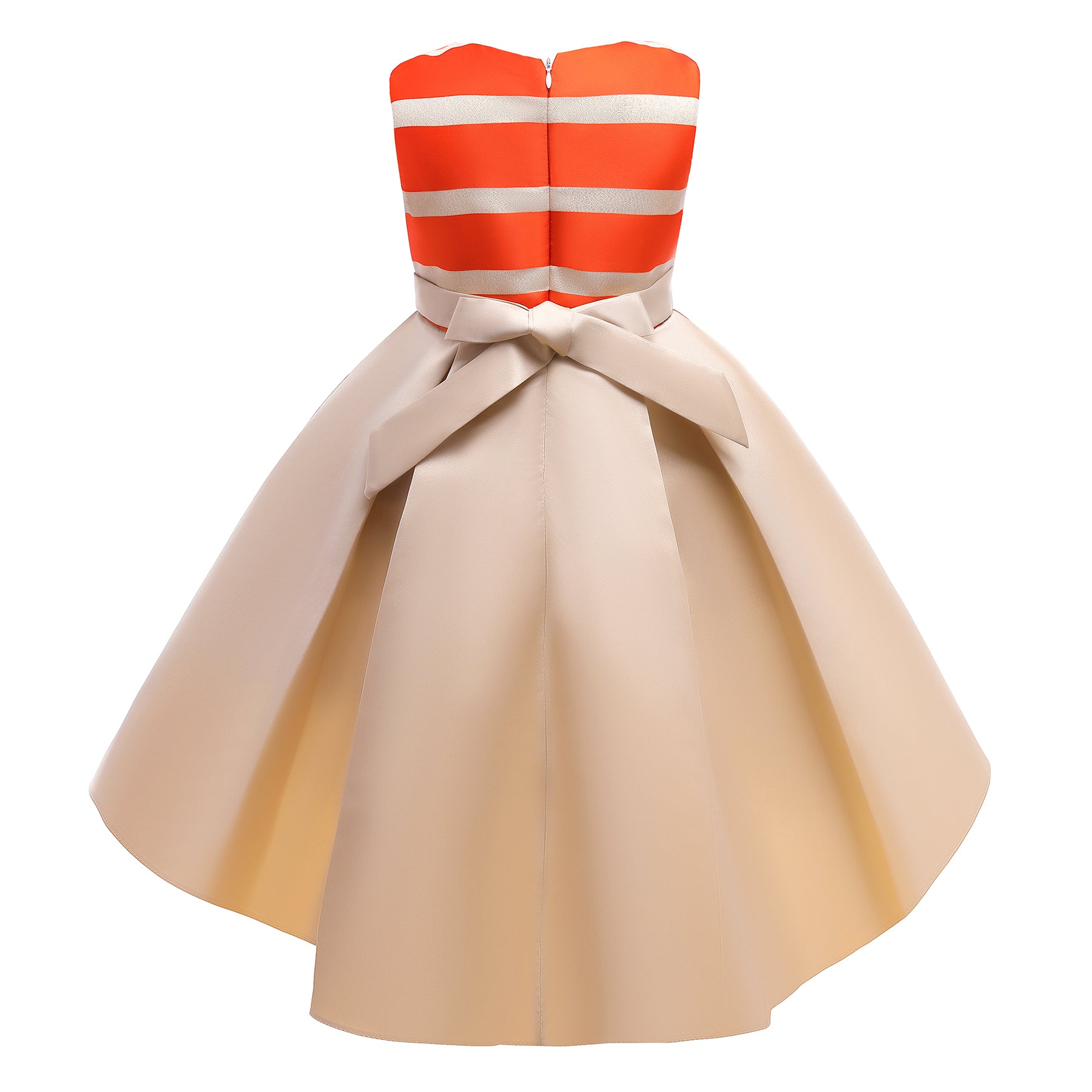Girls Orange-Coloured & Beige Striped Bow Fit & Flare Dress