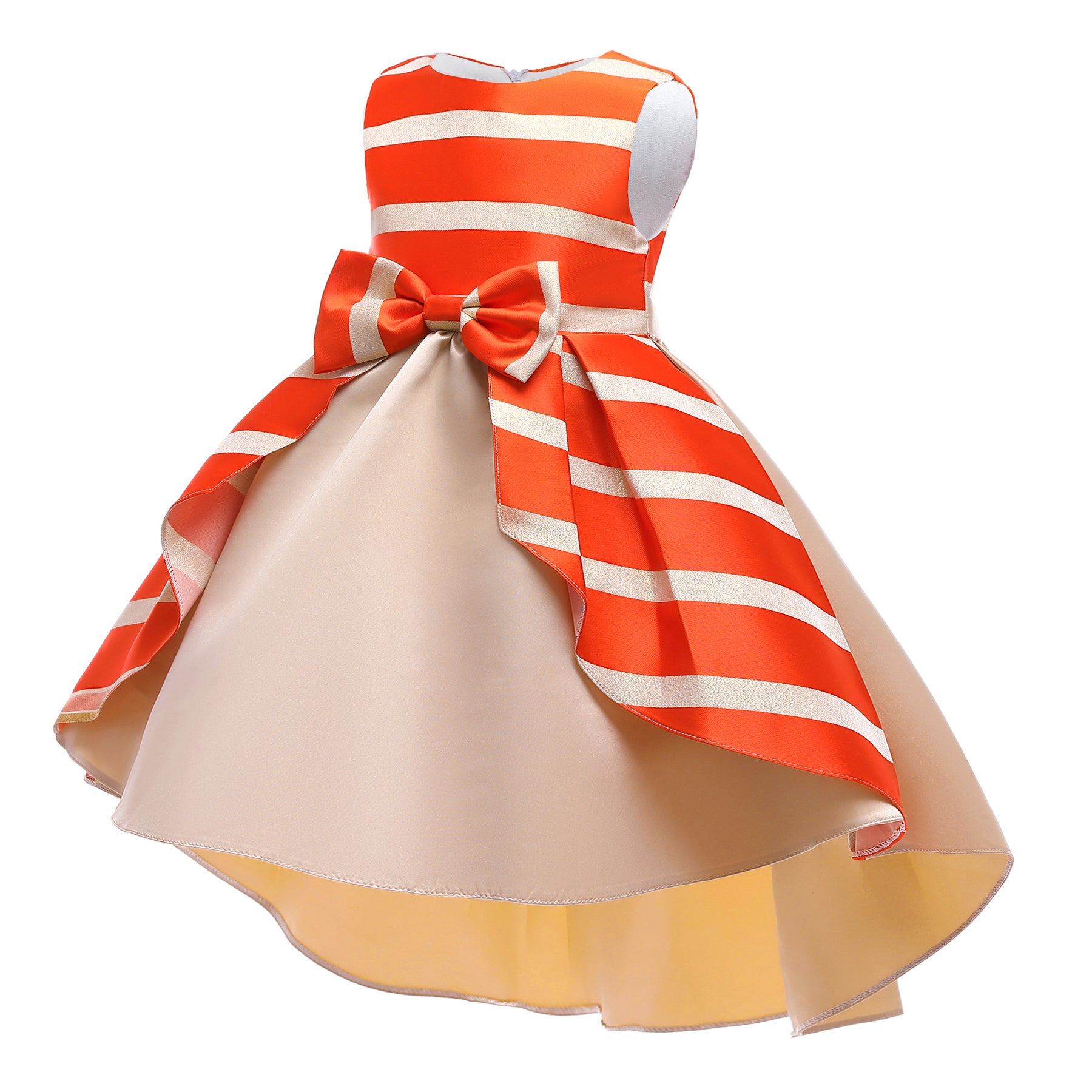Girls Orange-Coloured & Beige Striped Bow Fit & Flare Dress