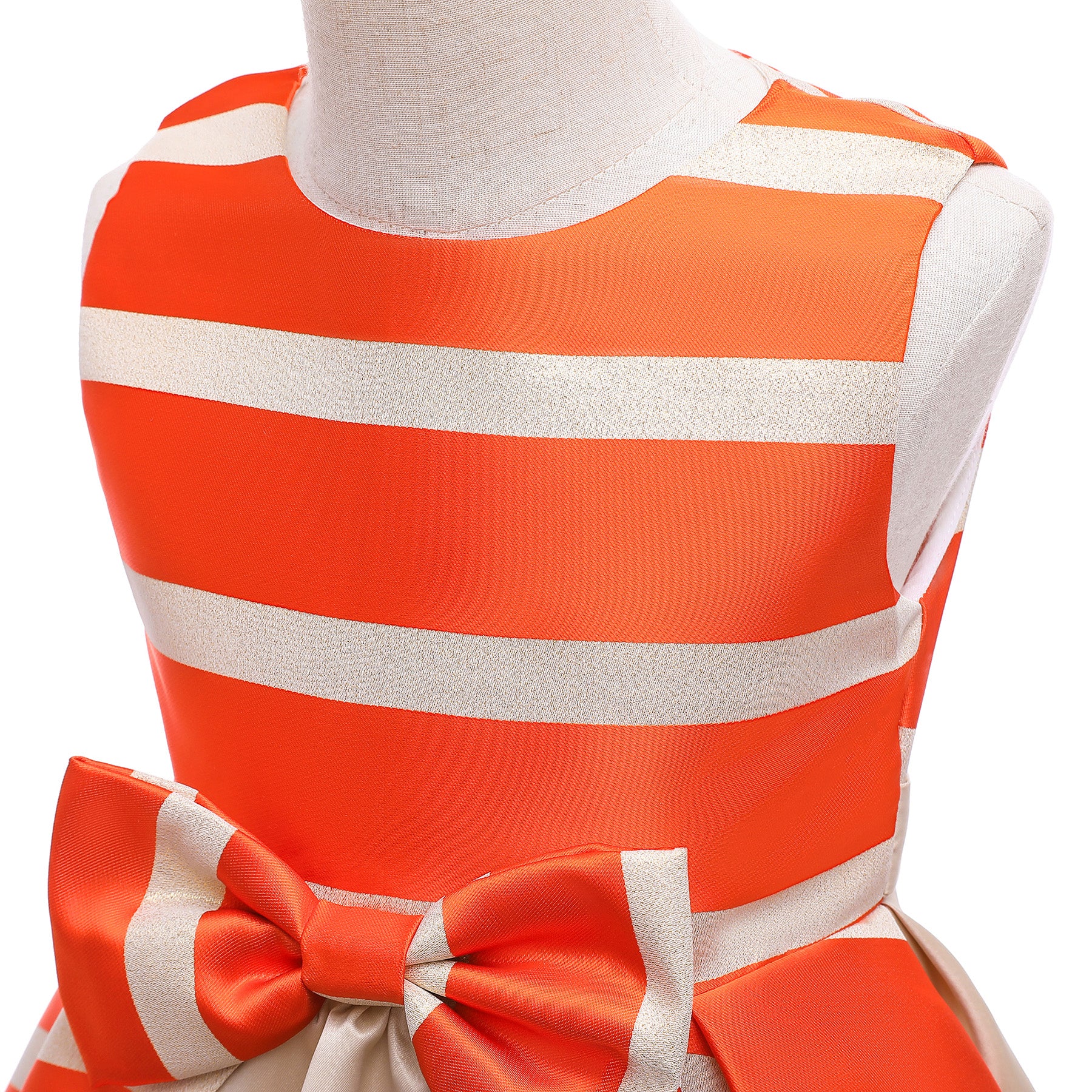 Girls Orange-Coloured & Beige Striped Bow Fit & Flare Dress
