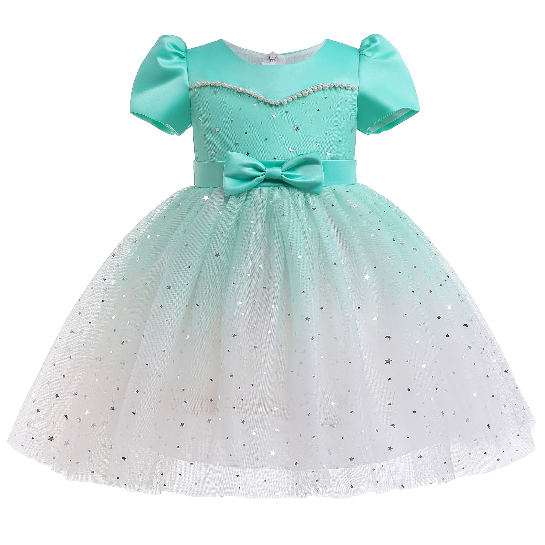 Green & White Embellished Puff Sleeve Fit & Flare Dress