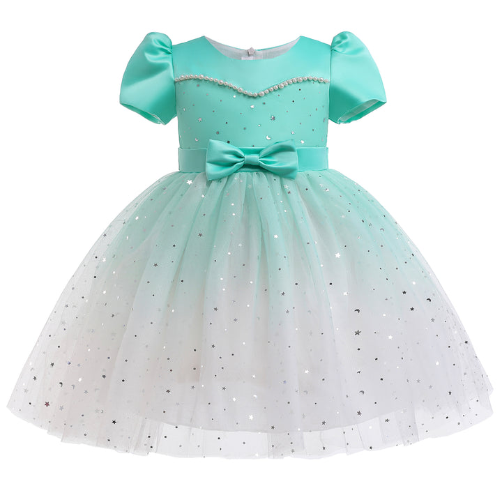 Green & White Embellished Puff Sleeve Fit & Flare Dress