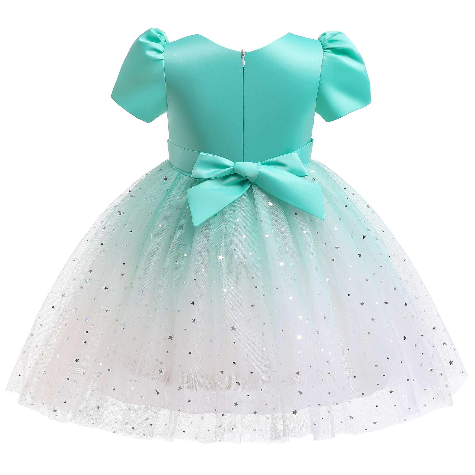 Green & White Embellished Puff Sleeve Fit & Flare Dress