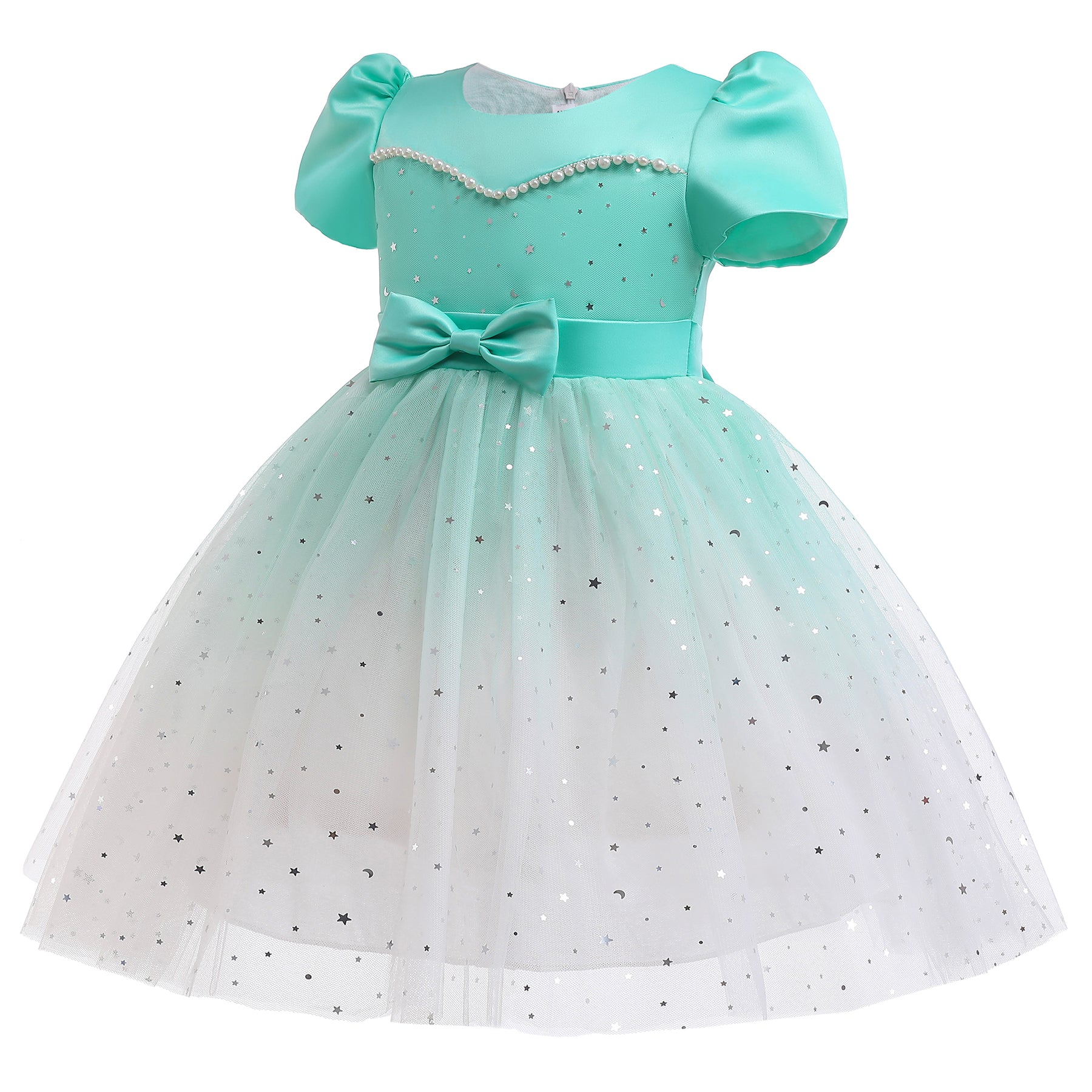 Green & White Embellished Puff Sleeve Fit & Flare Dress