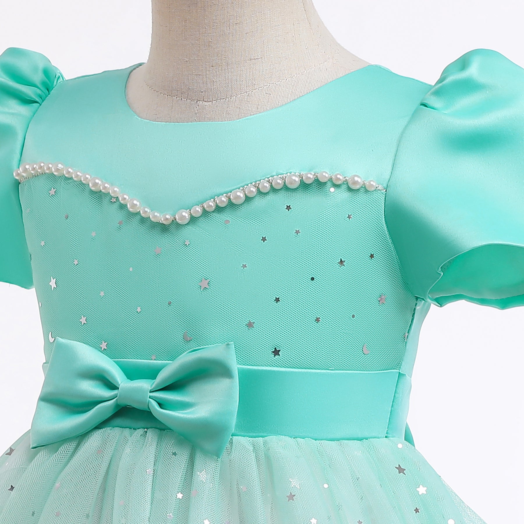 Green & White Embellished Puff Sleeve Fit & Flare Dress