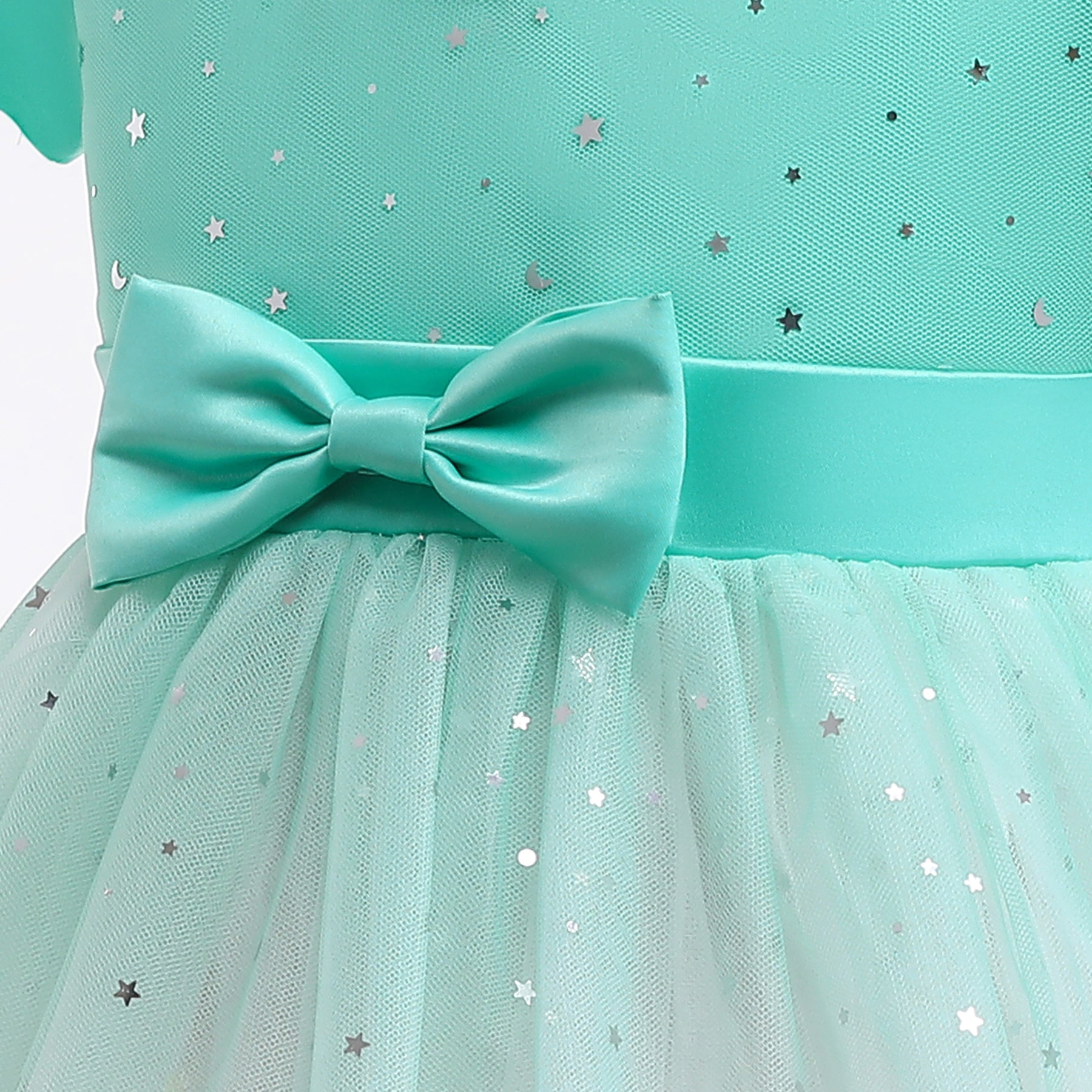 Green & White Embellished Puff Sleeve Fit & Flare Dress