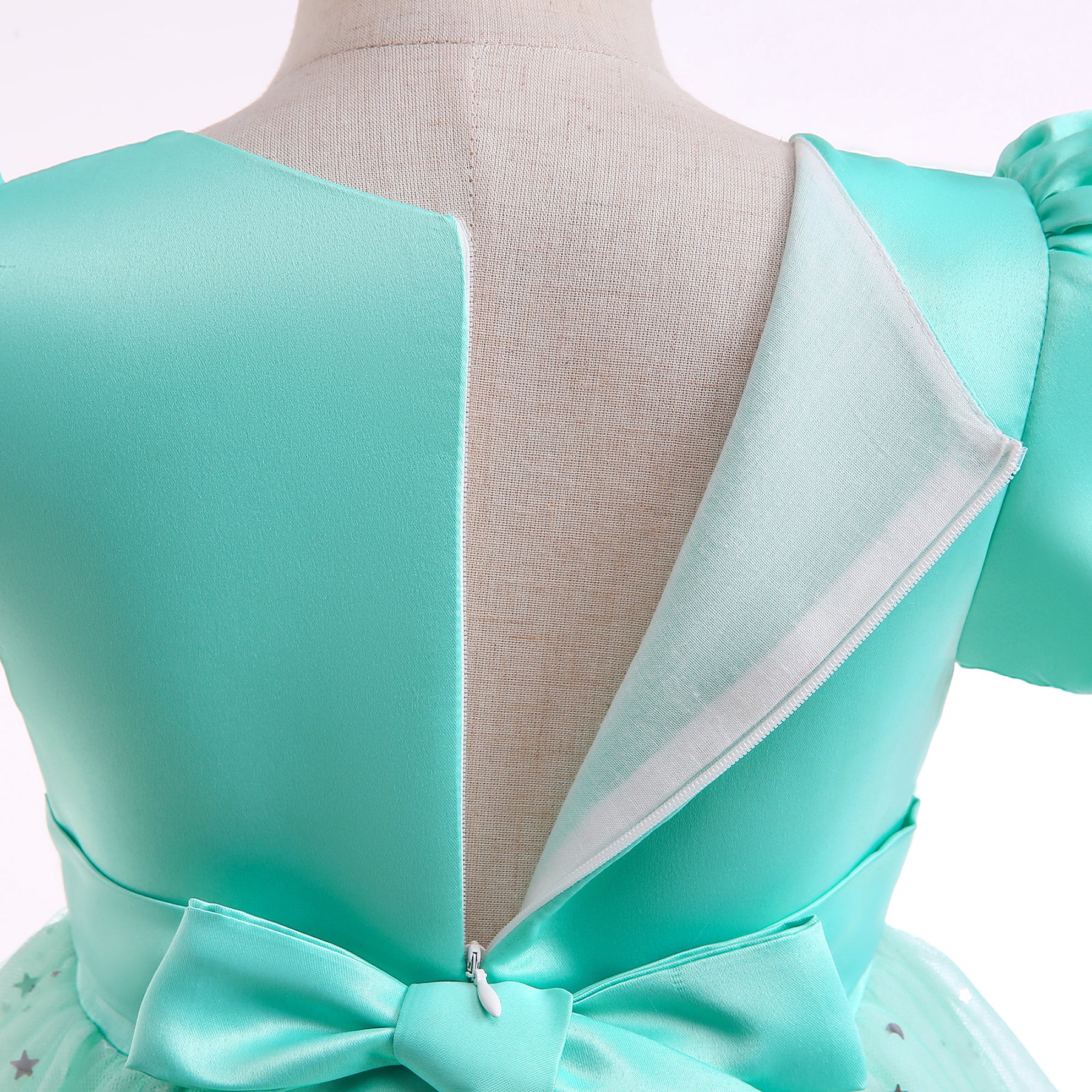 Green & White Embellished Puff Sleeve Fit & Flare Dress