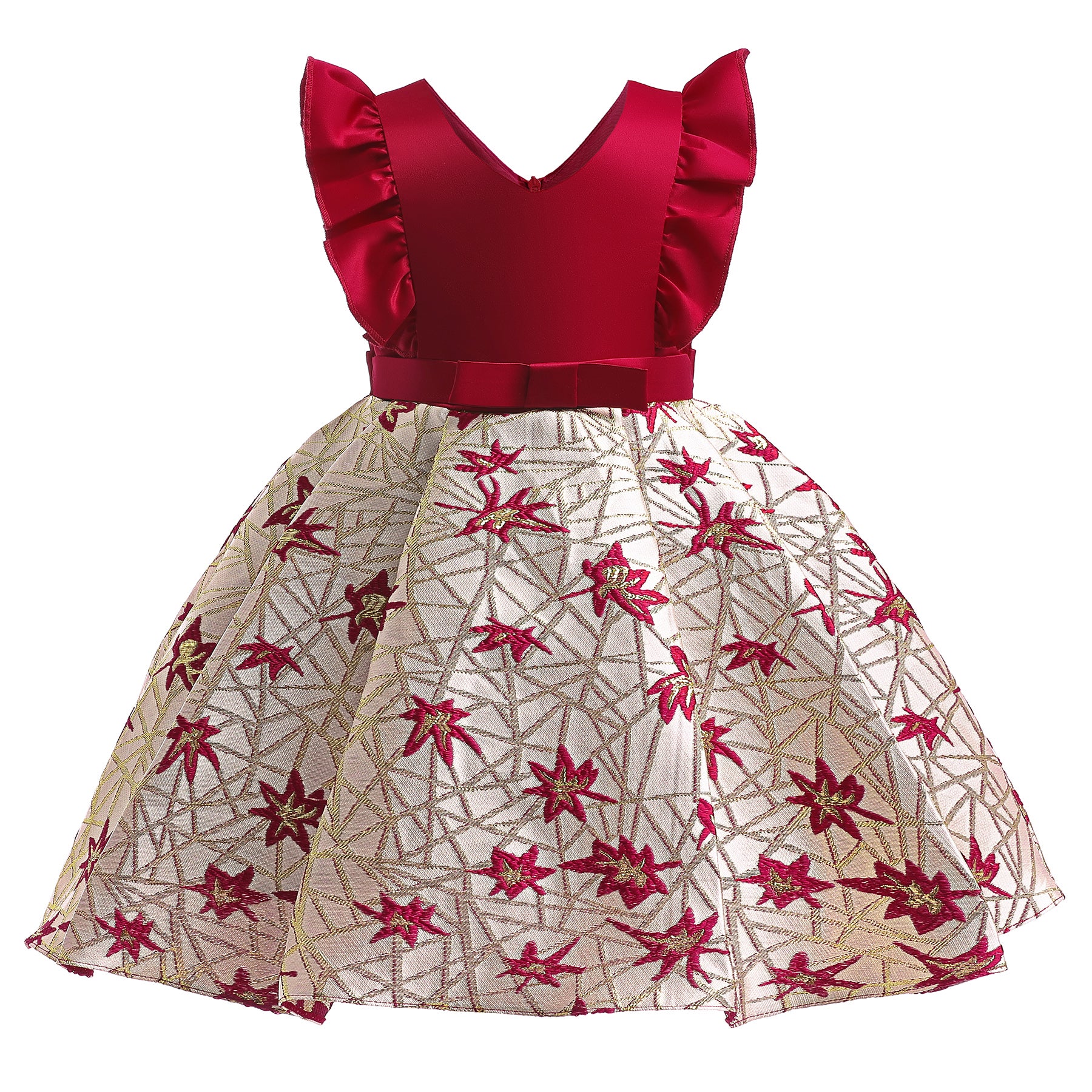 Girls Red Floral Embroidered Flutter Sleeves Ruffles Fit & Flare Midi Dress
