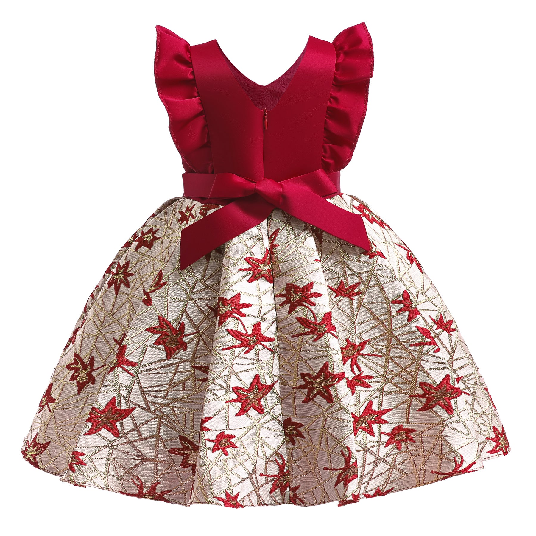 Girls Red Floral Embroidered Flutter Sleeves Ruffles Fit & Flare Midi Dress
