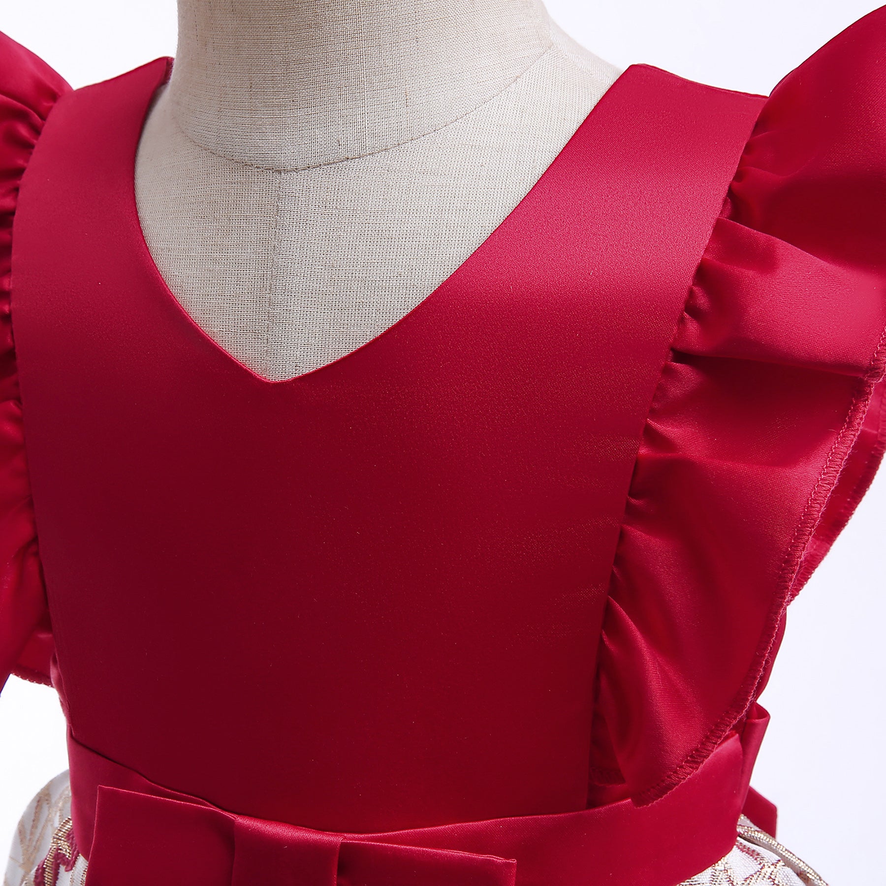 Girls Red Floral Embroidered Flutter Sleeves Ruffles Fit & Flare Midi Dress