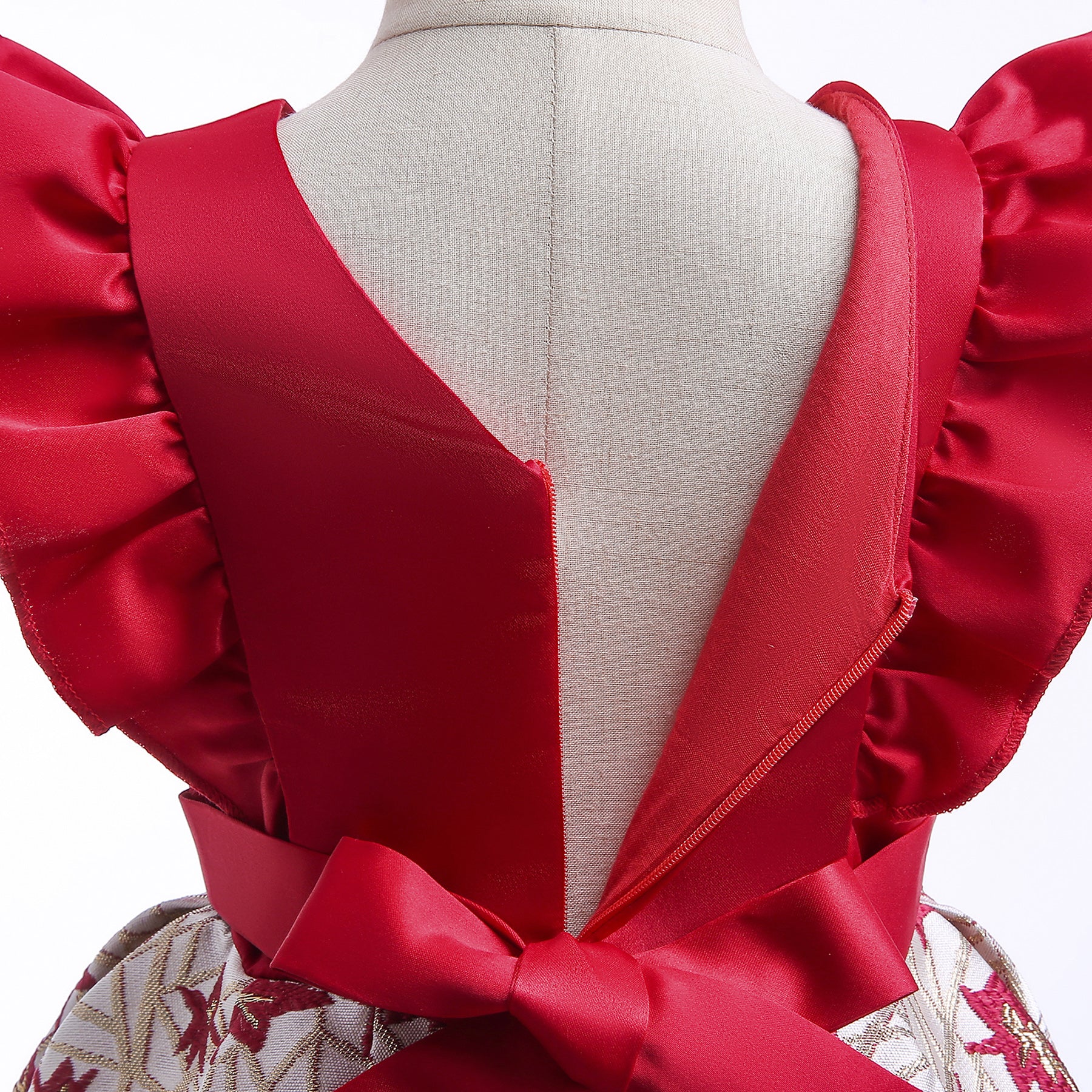 Girls Red Floral Embroidered Flutter Sleeves Ruffles Fit & Flare Midi Dress