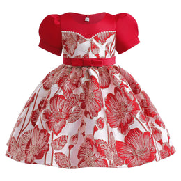 Girls Red Floral Embellished Gathered Detailed Fit & Flare Dress