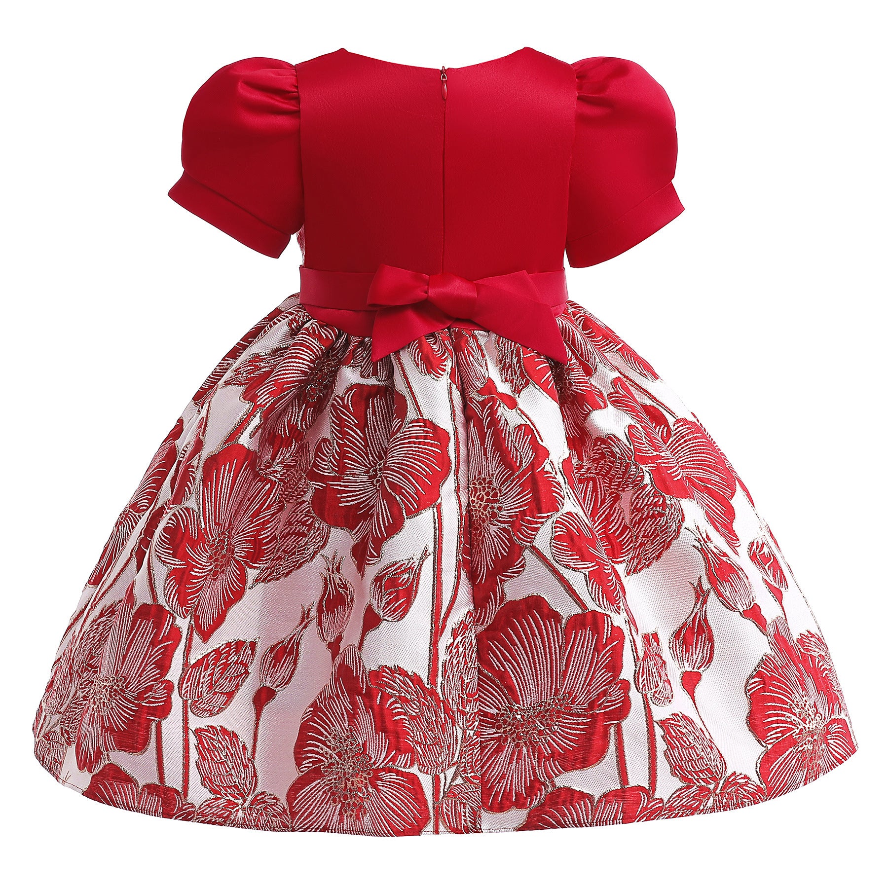 Girls Red Floral Embellished Gathered Detailed Fit & Flare Dress