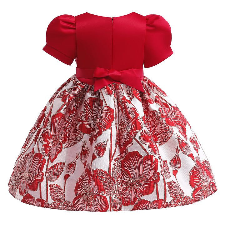 Girls Red Floral Embellished Gathered Detailed Fit & Flare Dress