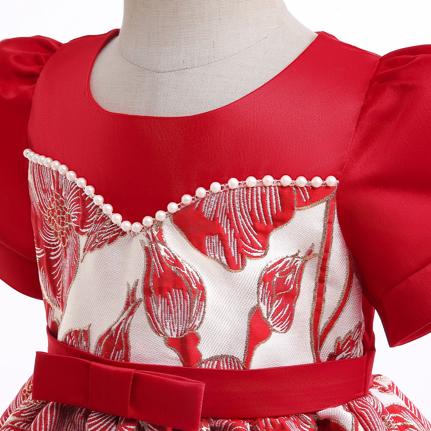 Girls Red Floral Embellished Gathered Detailed Fit & Flare Dress