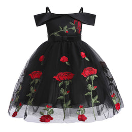 Girls Black Floral Embroidered Shoulder Straps Cap Sleeves Bow Fit & Flare Dress