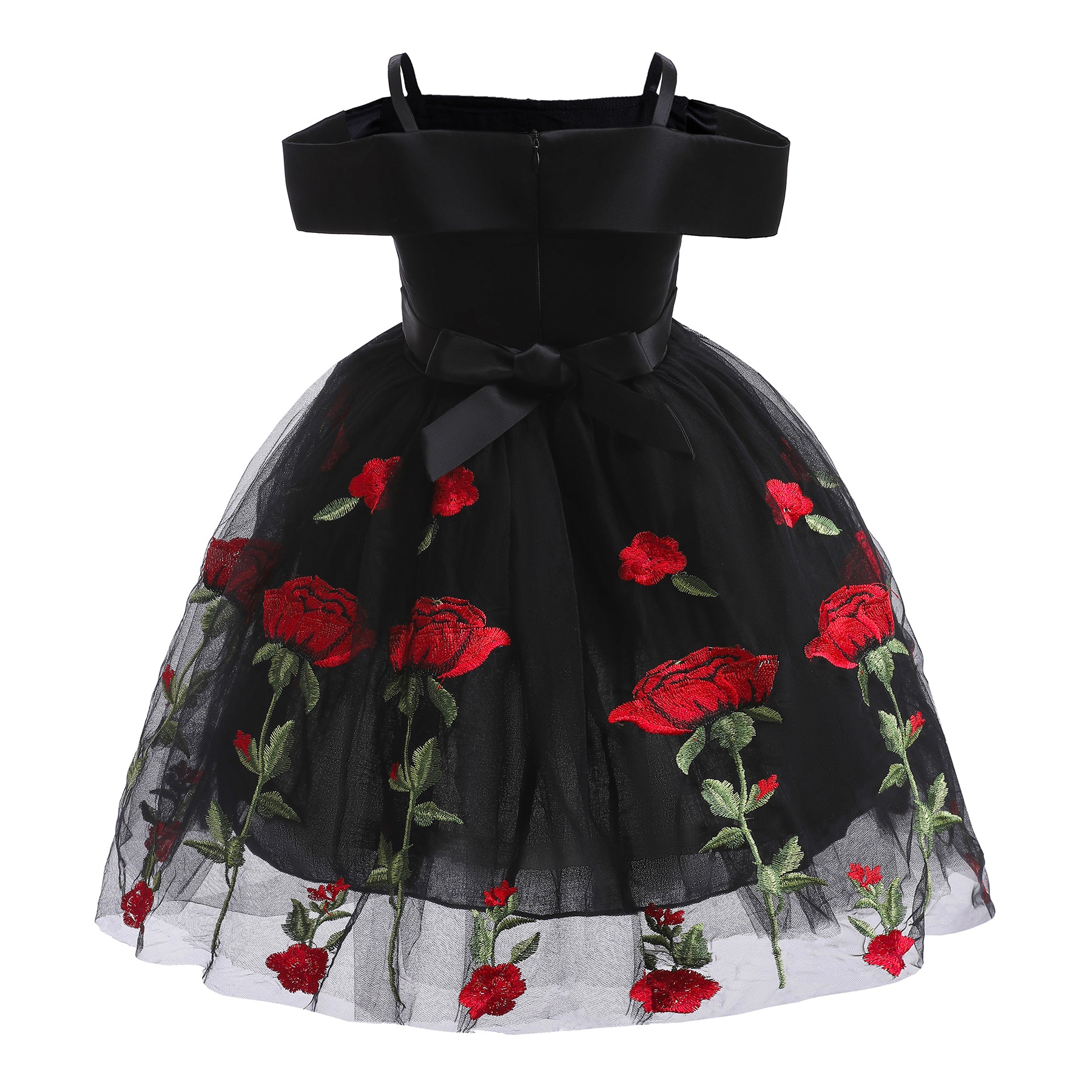 Girls Black Floral Embroidered Shoulder Straps Cap Sleeves Bow Fit & Flare Dress