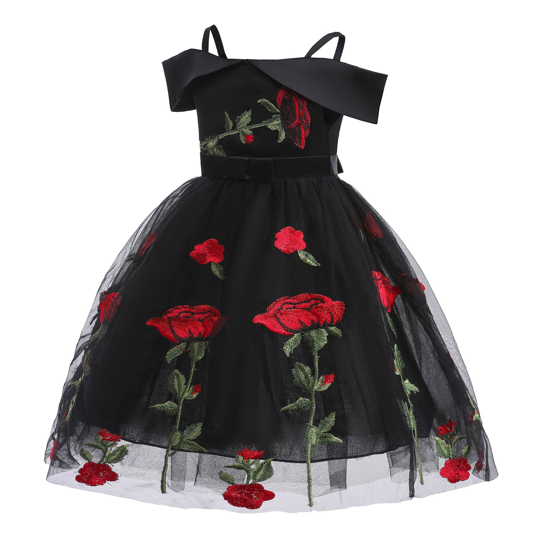Girls Black Floral Embroidered Shoulder Straps Cap Sleeves Bow Fit & Flare Dress